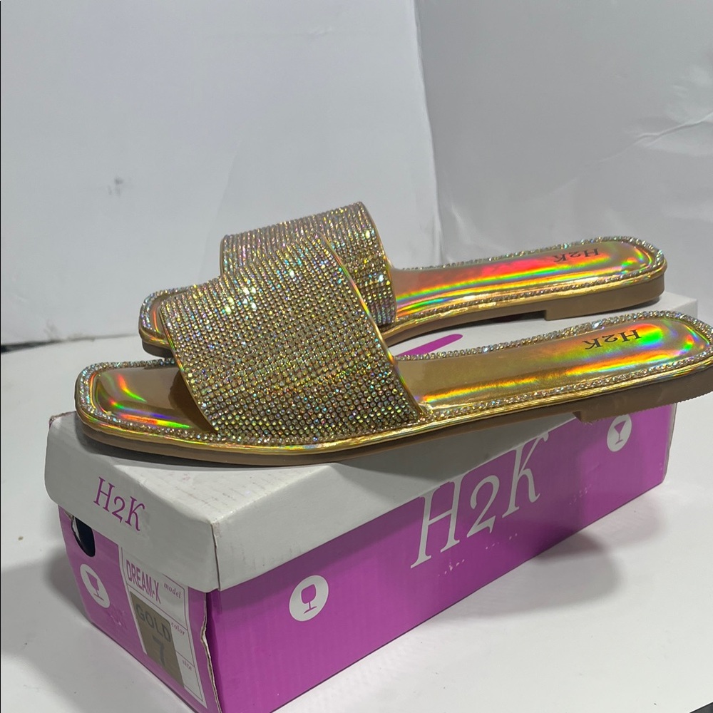 H2K Gold Rhinestone Slide Sandals - Picture 2 of 16
